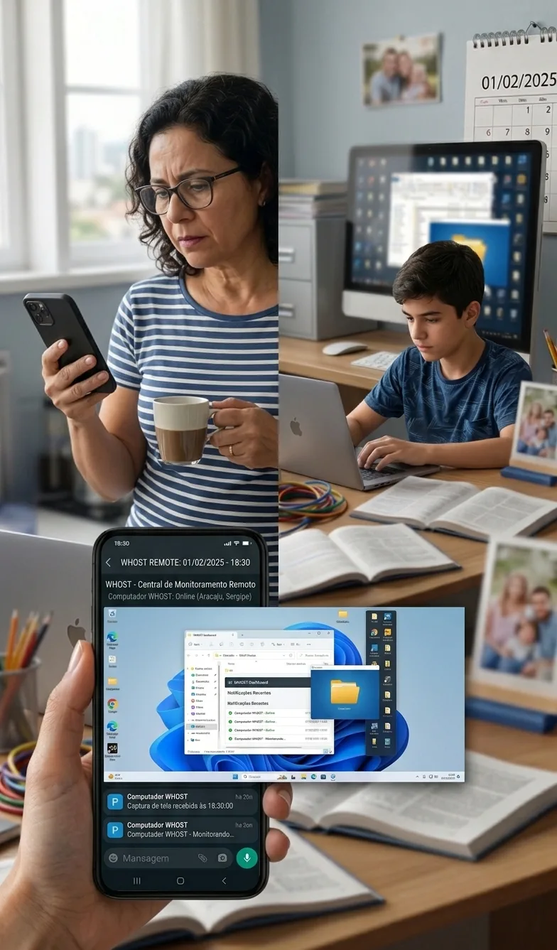 Mãe acompanhando o computador do filho pelo celular