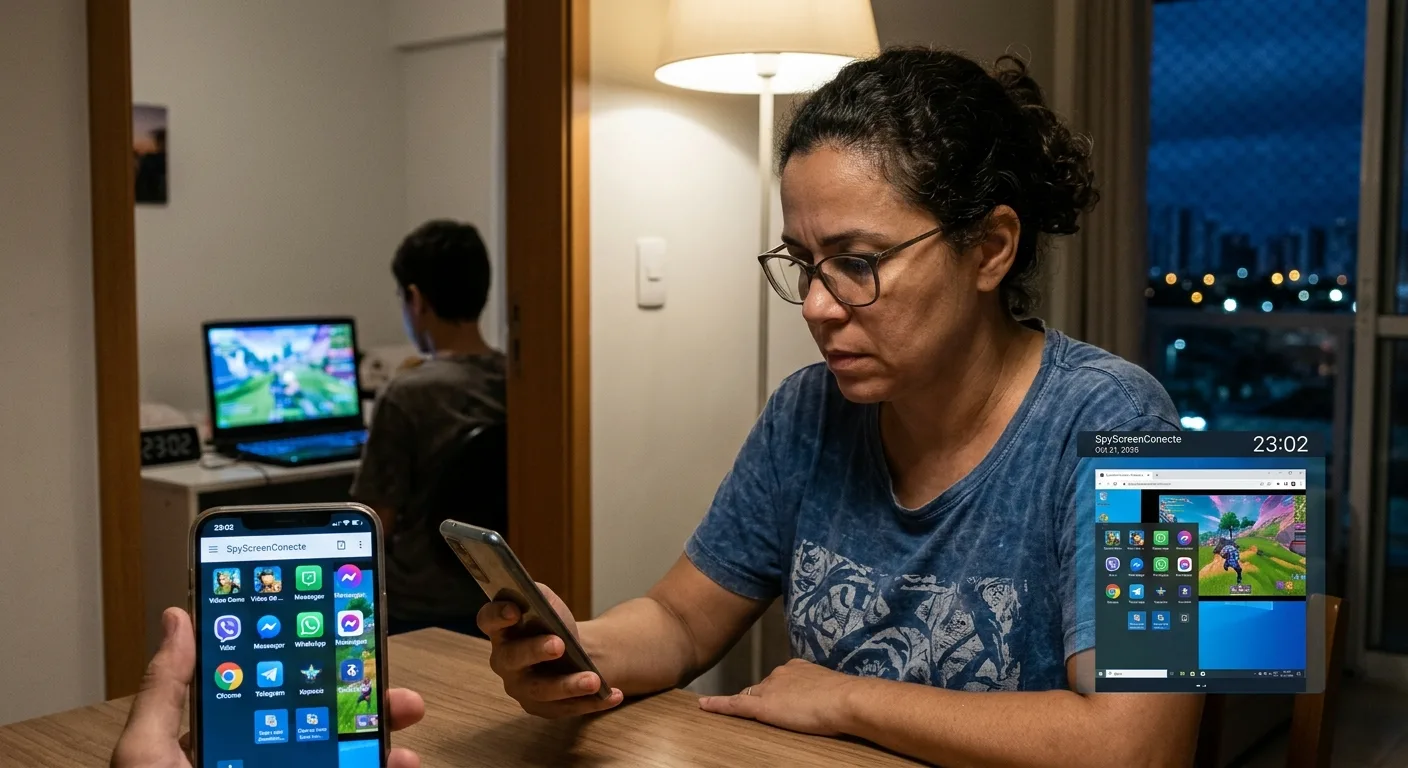 Mãe vendo a tela do computador do filho pelo celular